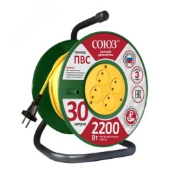 Удлинитель ТМ Союз силовой на катушке с 4 гнезда 2200Вт 30м ПВС 2*1