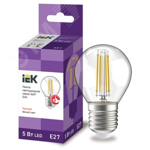 Лампа IEK LED5 5W E27 3000K шар филамент прозрачный
