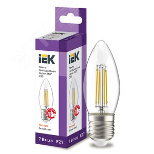 Лампа IEK LED7 7W С37 E27 3000K свеча филамент прозрачный