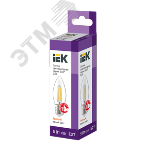 Лампа IEK LED5 5W С37 E27 3000K свеча филамент прозрачный